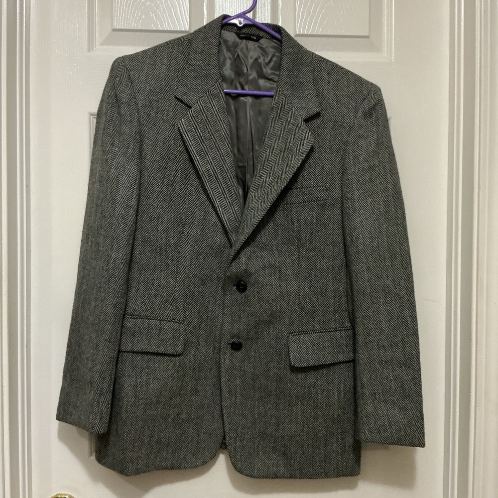Oakton Men Blazer‎ Sport Coat 38S Herringbone Dark Gray Light Gray Vintage Wool